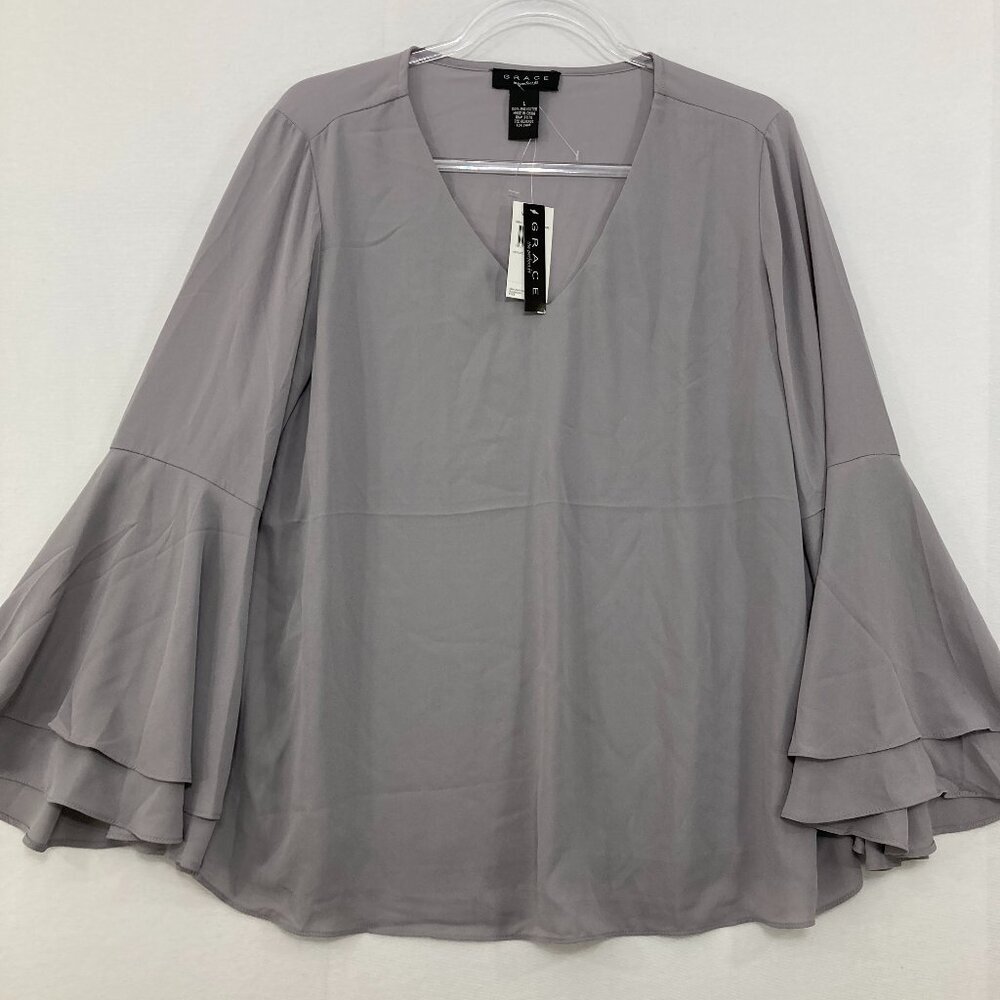 New Grace Large Gray V‎ Neck Flare Sleeve Popover Blouse Romantic Elegant